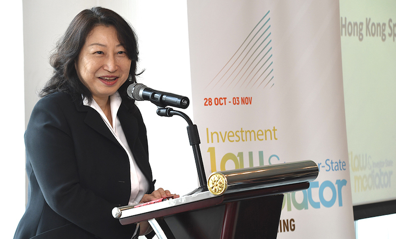 Secretary for Justice, Ms. Teresa Cheng, speaking