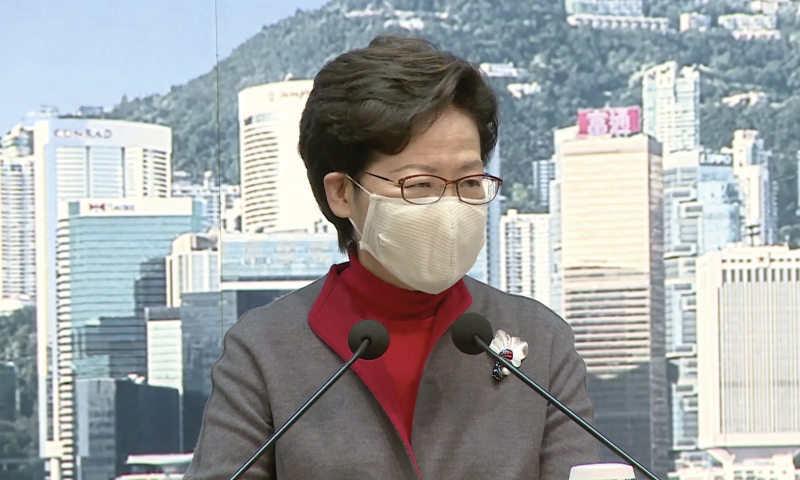 Chief Executive, Mrs Carrie Lam at a media session before the Executive Council meeting